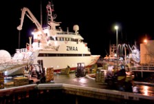 A ship unloading at night under lights
