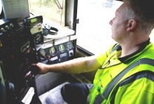 Jim Featherstone in the cab of a train