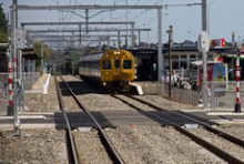 A train stopped at a station