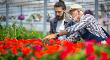 Two men in a flower glasshouse