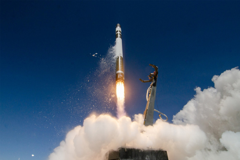 A Rocket Lab Electron rocket launching a satellite into space