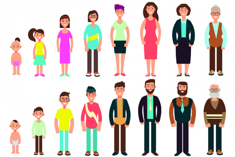 Illustration showing people of different ages standing next to each other from youngest to oldest