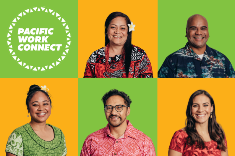 A colourful graphic with the words Pacific Work Connect in one corner and five photos of Pacific people 