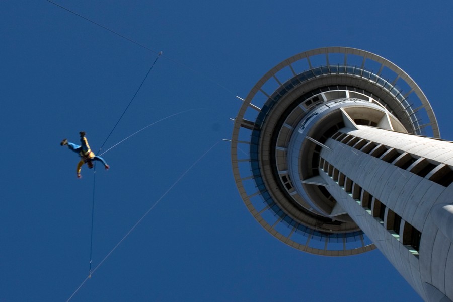 A person bungy jumps from the Auckland Sky Tower