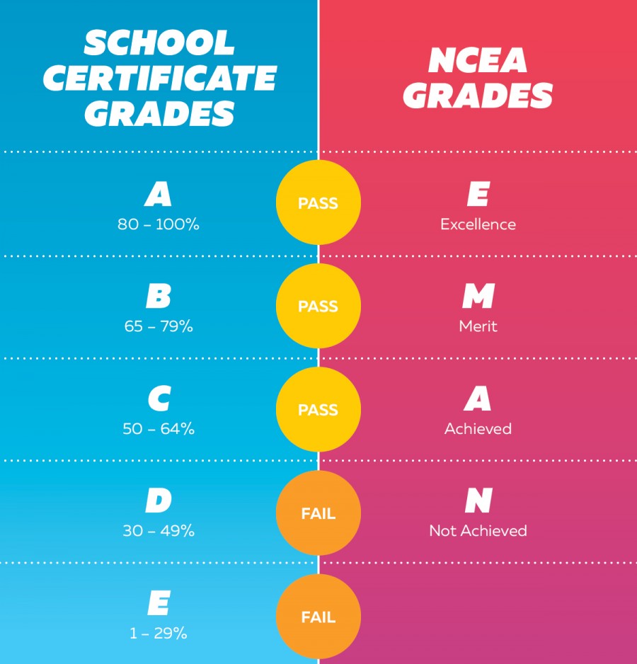 School certificate grades are A, B, C, D, E and NCEA grades are N, A, M, E for not achieved, achieved, merit and excellence
