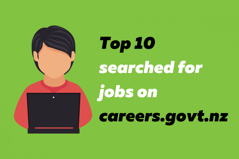 Top 10 jobs searched for jobs on careers.govt.nz. An illustration of a person on a laptop.