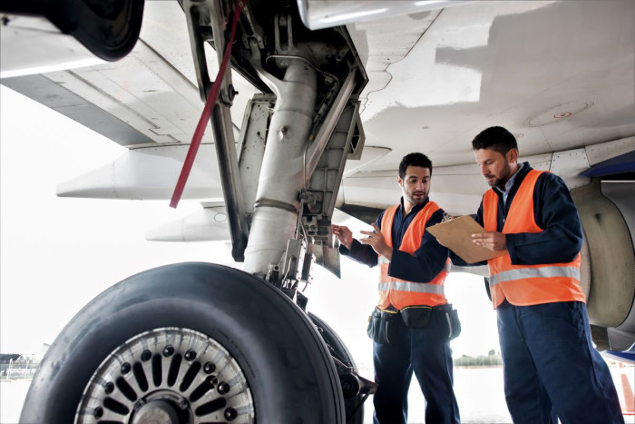 Two men in high-viz vests stand under the wing of an aeroplane by the wheel, looking at a clipboard