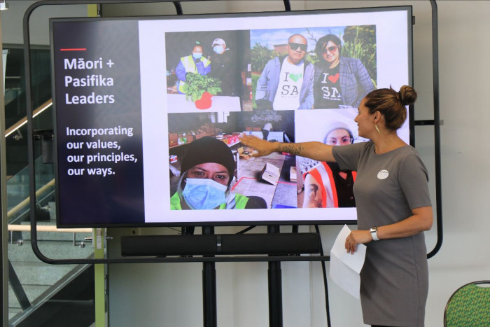 Community development worker pointing at a projector showing images of community activities