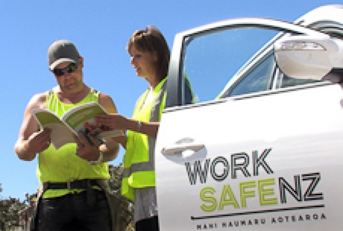 A health and safety inspector talks with a worker