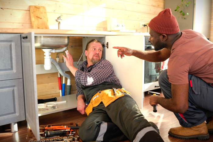 A workman lies on a kitchen floor with his head in a cupboard under a sink while another man points into the cupboard 