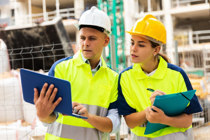 A man and a woman wearing helmets and high vis jackets look at construction plans on a construction site