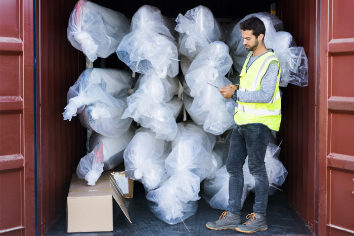 A quarantine officer inspecting imported goods in a shipping container