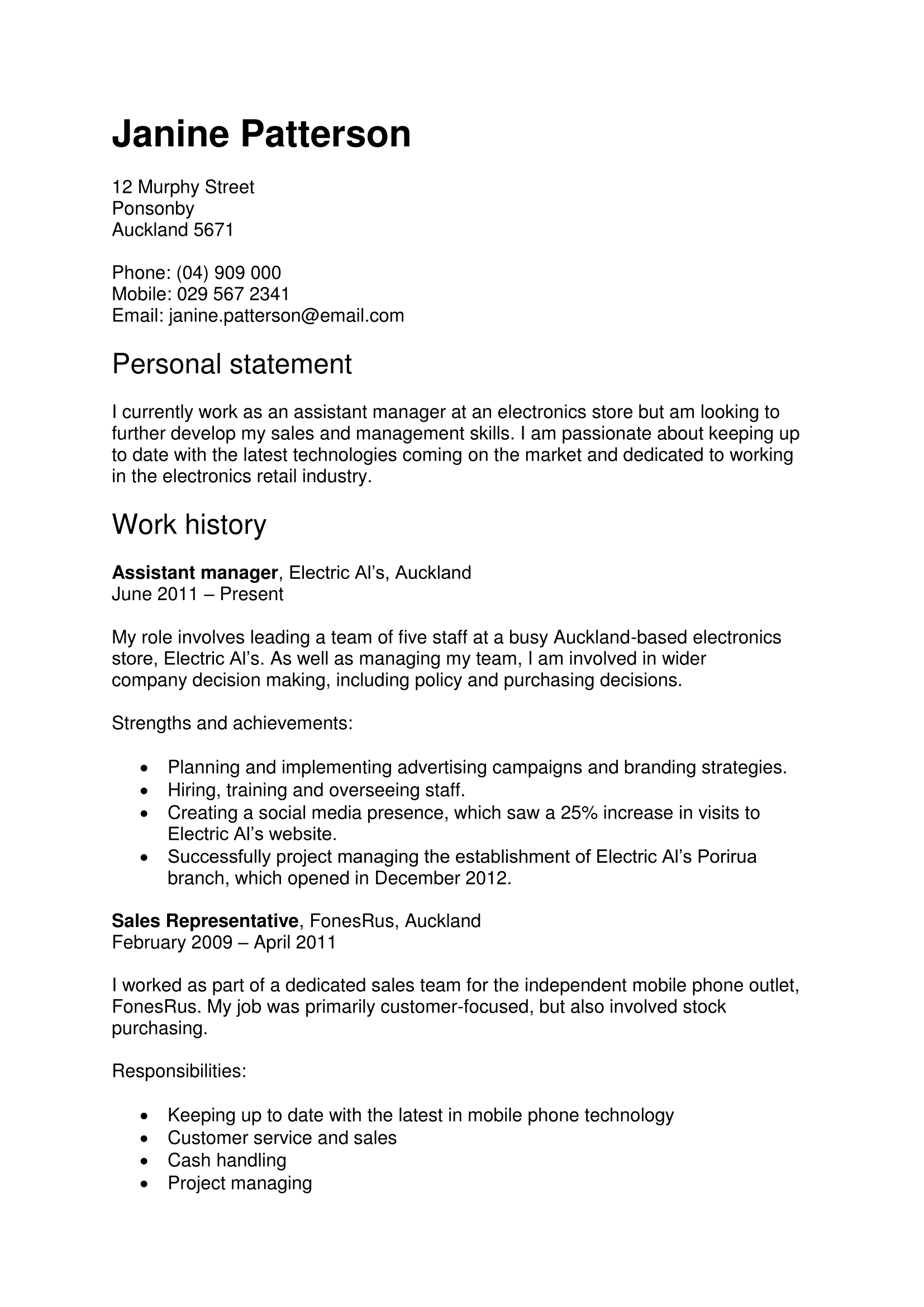 Cv cover letter example nz